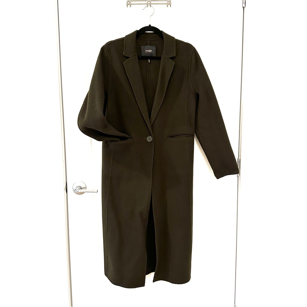MAJE Galaxie Long Wool Blend Coat Size 40 Dark Olive Green - Picture 10 of 11